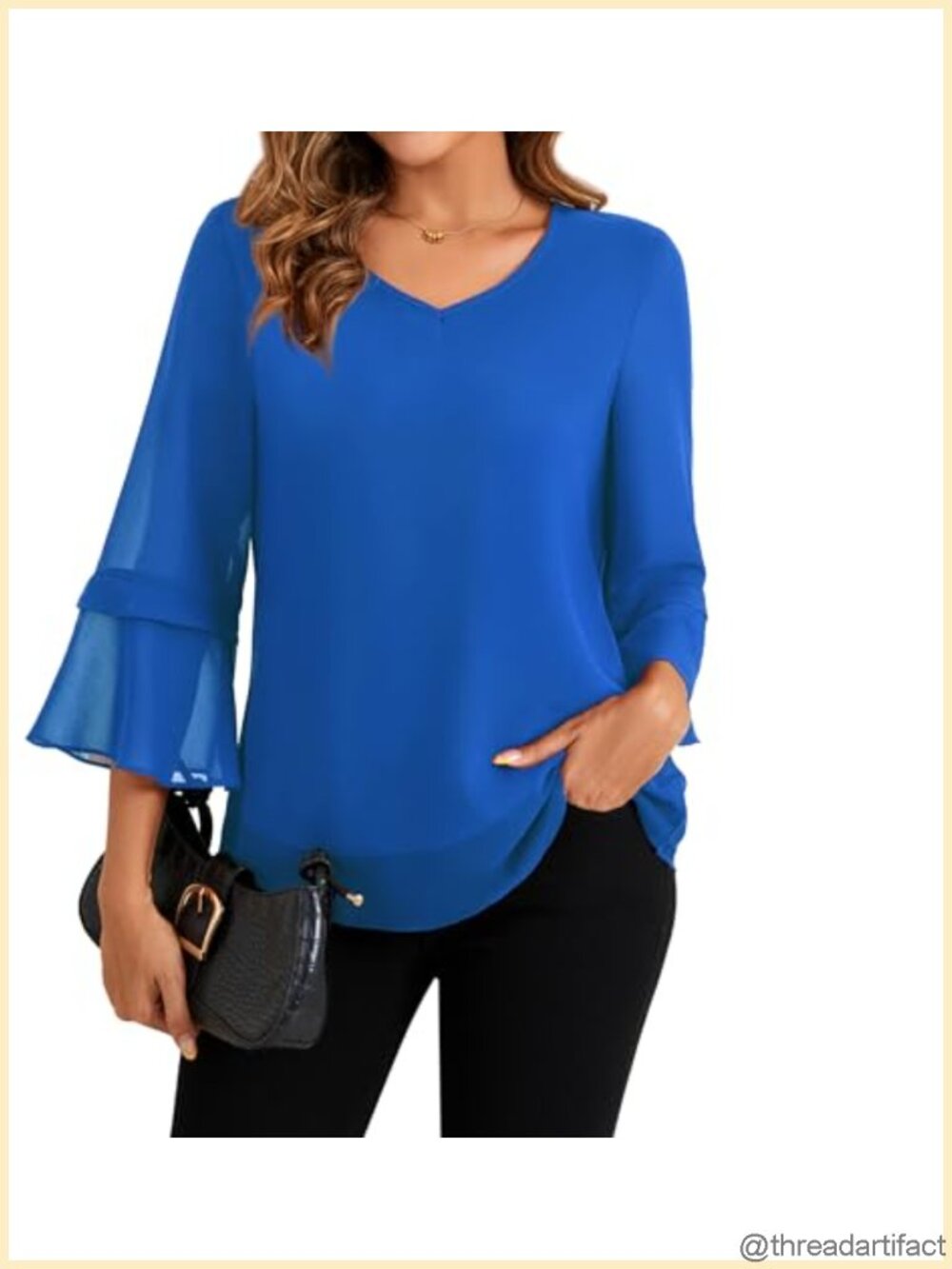 Womens Chiffon Blouse Tiered Ruffle Tunic 3/4 Sleeve V Neck Dressy Top